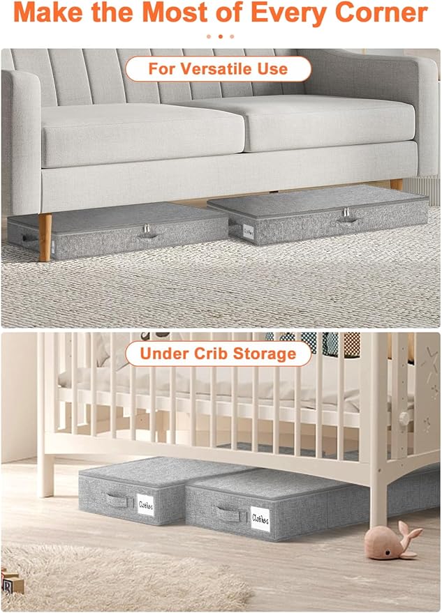 punemi Low Profile Under Bed Storage, 5 inches High Underbed Storage Containers With Sturdy Sidewalls & Bottom, Slim Under Couch Sofa Storage, Shallow Under Bed Organizer Clothes Storage Bins, 2Pack