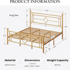 SHA CERLIN 14 Inches King Size Metal Platform Bed Frame/Vintage Iron-Art Headboard and Footboard/Mattress Foundation for Storage/No Box Spring Needed/Noise-Free/Easy Assembly/Gold