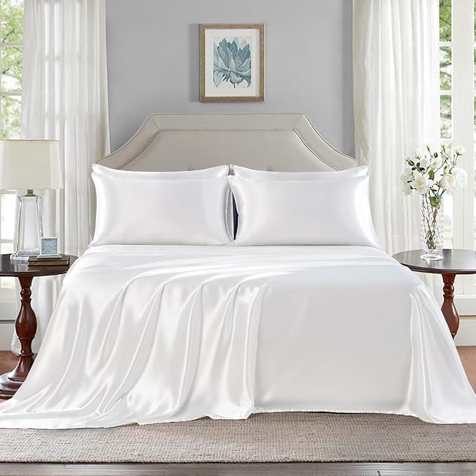 Satin Sheets King Size - 6 Pieces Luxury Silky Soft Bed Sheets, Wrinkle-Free White Satin Silk Sheet Set with 1 Deep Pocket Fitted Sheet, 1 Flat Sheet, 4 Pillow Cases