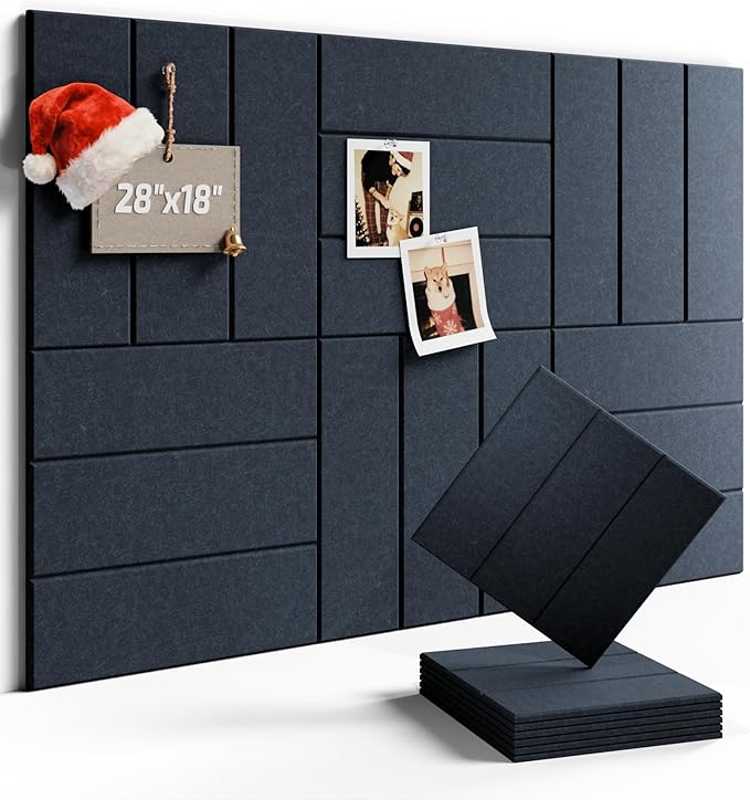 Felt Bulletin Board Tiles -28"x18" with 40 Adhesive Tabs, Cork Board Alternative for Office Decor, Push Pin Board Wall Organizer 6-Pack(Navy Blue)