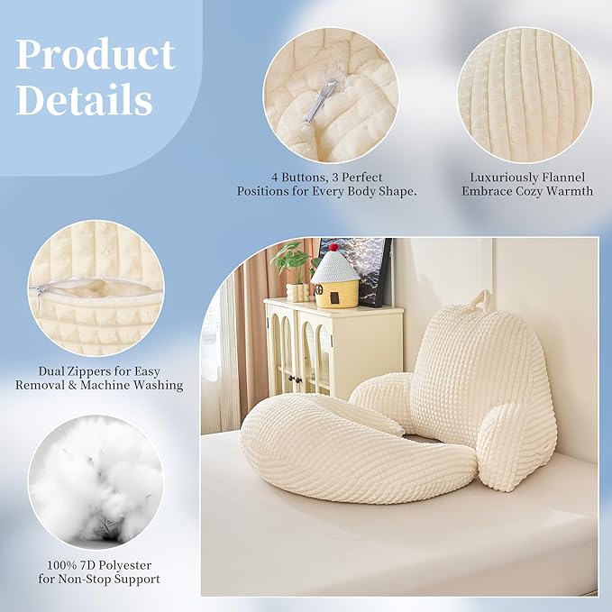 Reading Pillow for Bed,U Shaped & Back Support Pillow for Bed,19" Backrest with Lumbar & Arm Support,Comfy Flannel Fabric,Lap Pillow for Gaming/Reading/Watching TV,White