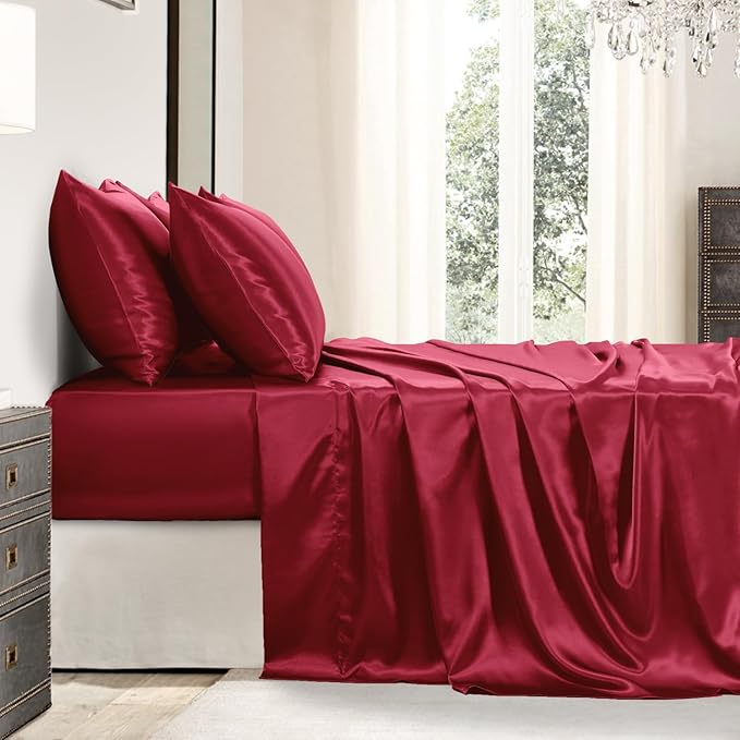 Satin Sheets Queen Size - 6 Pieces Luxury Silky Soft Bed Sheets, Wrinkle-Free Burgundy Satin Silk Sheet Set with 1 Deep Pocket Fitted Sheet, 1 Flat Sheet, 4 Pillow Cases
