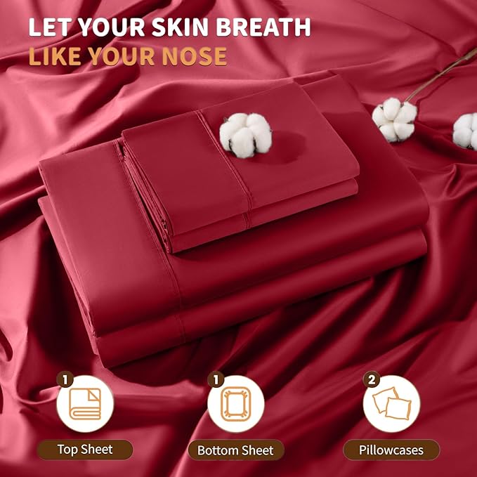 LBRO2M 100% Cotton Sheets Set Deep Pocket 19", 1000 Thread Count King Size 4 Piece Bed Sheet Sets Soft Comfortable Bedding All Season (King, Burgundy)