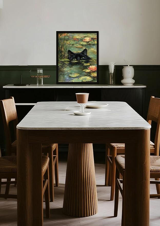 Monet Prints Vintage Cat Wall Art Print Cat In Water Lilies Posters Retro Canvas Art Wall Decor Picture For Bedroom Dorm living room Bathroom Wall Decor Aesthetic Home Artwork 16" × 20" With Framed