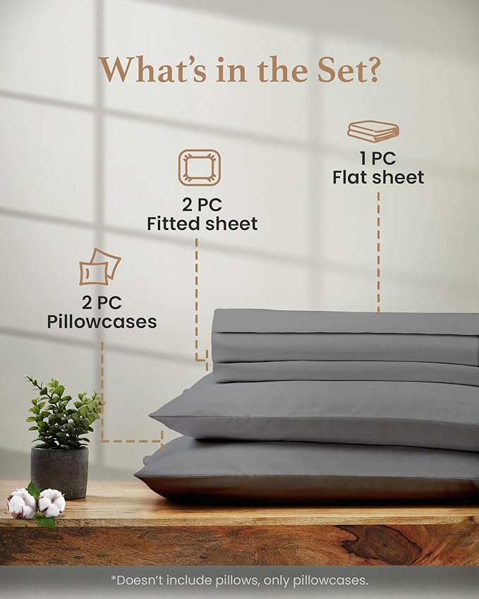 Good Sleep Bedding Split King Sheets Set, 100% Egyptian Cotton, Luxury Sateen Sheets, 5 Piece, 2 Fitted - 16" Deep Pocket, Light Gray GoodSleepBedding