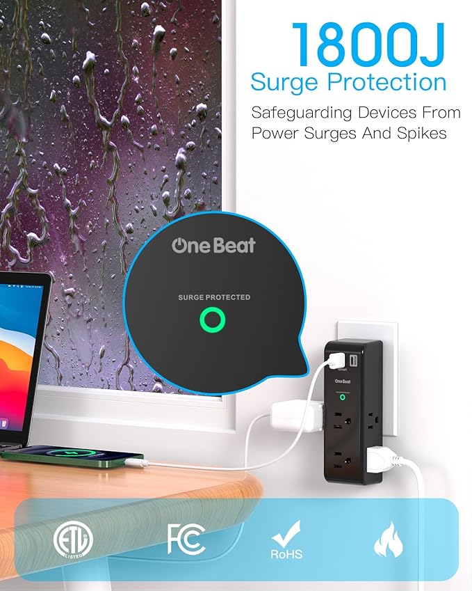 PD 30W Surge Protector Outlet Extender, Rotating Plug, One Beat 6 AC Multi Plug Outlet with 3 USB Ports (1 USB C), 1800J 3-Sided Swivel Power Strip, Spaced Outlet Splitter for Home Office Dorm - Black
