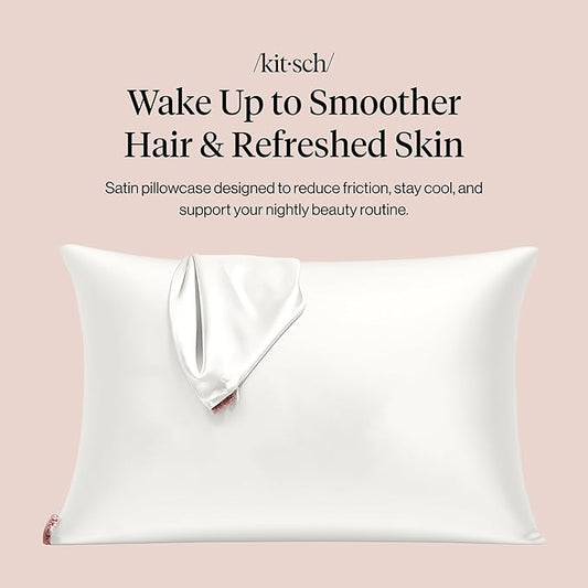 Kitsch Satin Pillowcase with Zipper for Hair & Skin, Softer Than Silk Pillow Cases Standard Size, Wrinkle-Free, Smooth and Cooling Satin Pillow Covers, 19"x26" - Ivory