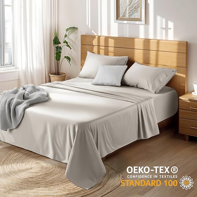 LBRO2M 100% Cotton Sheets Set Deep Pocket 19", 1000 Thread Count Queen Size 4 Piece Bed Sheet Sets Soft Comfortable Bedding All Season (Queen, Taupe) LBRO2MBedding