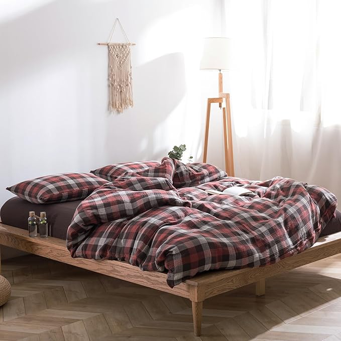 VM VOUGEMARKET Cotton Muslin Duvet Cover Queen Christmas Red Plaid Bedding Set Soft Breathable Linen Like Gauze Gingham Comforter Cover with Zipper Closure for Teen Men,90"x90"