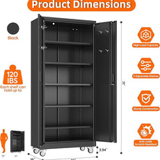 SUXXAN Garage Storage Cabinet with Wheels Pegboard and 5 Adjustable Shelves, 71'' x 32'' x 16''Metal Lockable Cabinet with Magnetic Doors,Tool Storage,Home Office Garage,Gym,School (Black)