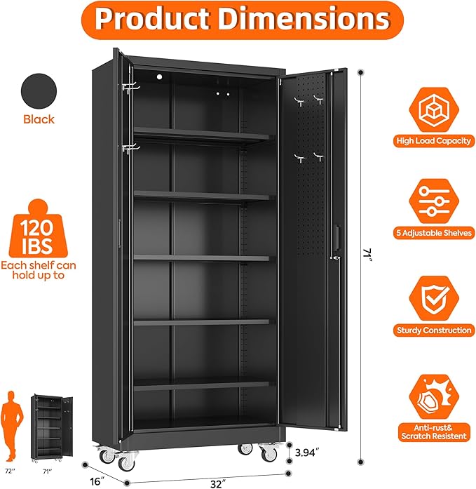 SUXXAN Garage Storage Cabinet with Wheels Pegboard and 5 Adjustable Shelves, 71'' x 32'' x 16''Metal Lockable Cabinet with Magnetic Doors,Tool Storage,Home Office Garage,Gym,School (Black)