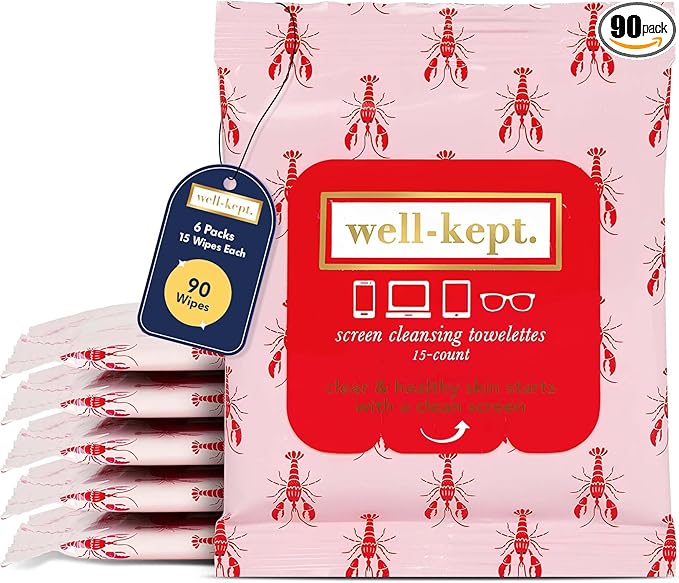 Well-Kept Tech & Lens Wipes - Eyeglass, Screen & Phone Cleaning, Multi-Surface, Lint-Free, Pre Moistened, Streak-Free & Non Scratching - Lobsterfest, 6 Pack (90 Count)
