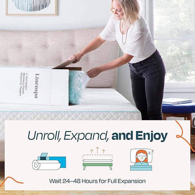 Linenspa 4 Inch Gel Swirl Memory Foam Mattress Topper – Cooling Gel Infused – Pressure Relieving Bed Topper - Mattress Pad – CertiPUR Certified - Twin XL Size