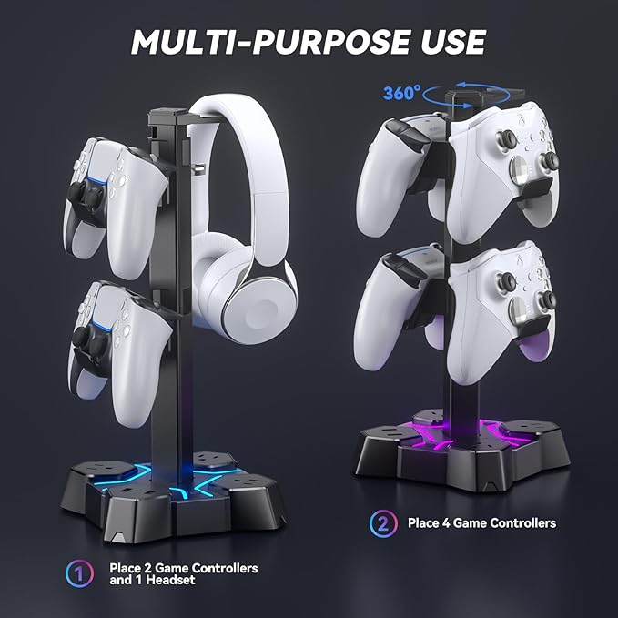 KDD Headphone Stand with USB Charger, Controller Stand for Desk, Headphone Holder with 2 USB Charging Ports and 3 AC Outlets, Accessories for Desktop(Black)