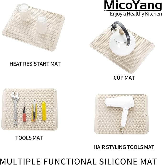 Silicone Dish Drying Mat for Multiple Usage,Easy clean,Eco-friendly,Heat-resistant Silicone Mat for Kitchen Counter or Sink,Refrigerator or drawer liner Tapioca L 16 inches x 12 inches