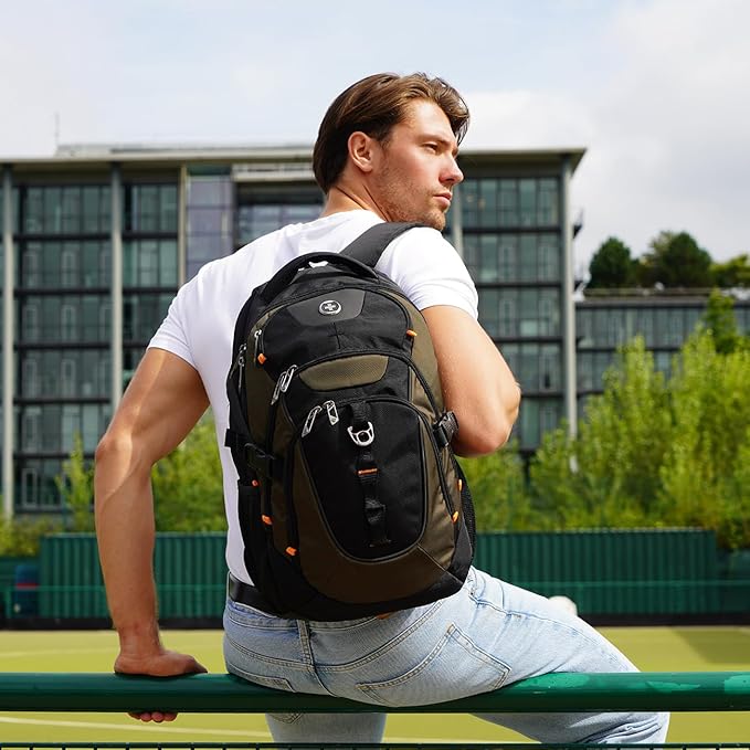 Swissdigital Design Laptop Backpack with USB Charging Port, Travel Backpack Fits 15.6 inches Computer, 31L College School Backpack for Men, Olive/Black | SD803-26