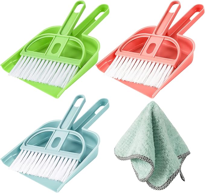 Lamoutor 3 Pack Mini Hand Broom and Dustpan Set Small Dust Pans with Brush Set Cleaning Tool for Desk, Car and Animal Waste Mixed Color