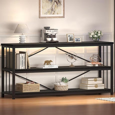 HSH Long Bookcase, Wood Metal Large Low Horizontal Book Shelf for Bedroom, Modern Open 3 Tier Etagere Bookshelf with Storage, Under Window Bookshelves for Home Office Living Room, Dark Gray, 70 Inch