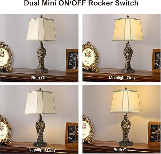 28.5" high Vintage Brown Table Lamps Set of 2 - Bedside Lamp with Faux Silk Shades - for Bedroom and Living Room with USB and Nightlight - Perfect for Nightstands and Bedrooms (Bulb Included)