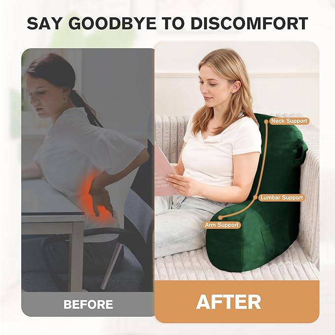 Portable Comfy Reading Pillows for Bed Sitting Up(Green Oeko-Tex), Velvet Back Pillow with Arms & Pockets for Adults, Support Memory Foam Bed Pillow for Dorm/Reading/Watching/Gaming