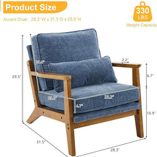 Karl home Accent Chair Wide Armrest Mid-Century Lounge Chair Chenille Armchair with Lumbar Pillow & Solid Wood Frame for Living Room, Bedroom, Balcony, Dusty-Blue