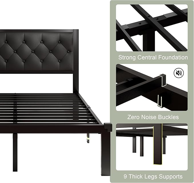 Feonase Queen Size Metal Bed Frame with Faux Leather Button Tufted Headboard, Heavy-Duty Platform Bed Frame with 12" Storage, Steel Slats Support, No Box Spring Needed, Noise Free, Matte Black