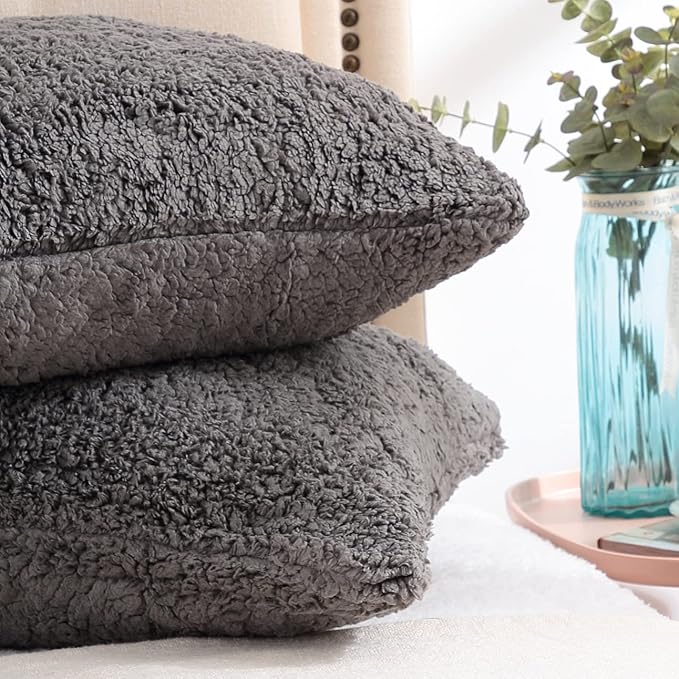 Reafort Ultra Soft Sherpa Pillowcases Pillow Covers Standard Size 20"x26" Pack of 2 with Zipper Closure (Charcoal Grey, 20”x26” Standard Sham)