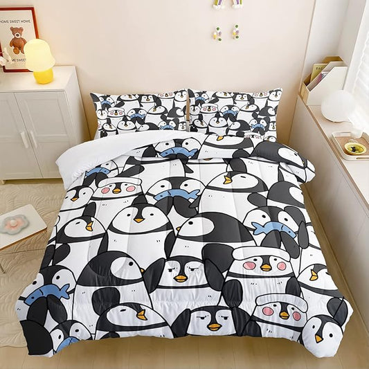 CVHOUSE Cartoon Penguin Bedding Set Twin Cute Animal Pattern Kids Teen Comforter Set 3 Pieces with 1 Comforter + 2 Pillow Cases Decor Comforter Set Cute Penguin Animal Pattern