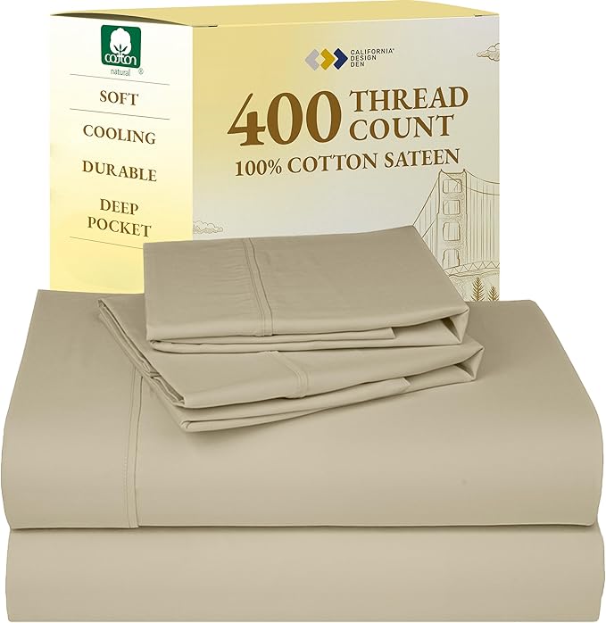 California Design Den Queen Sheet Set - Soft 400 Thread Count Sateen, Natural 100% Cotton Sheets with Deep Pockets, and Durable Bedding Set - Beige (Golden Tone)