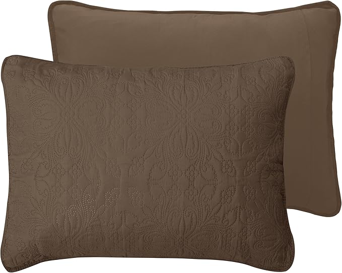 Easy-Going Full/Queen Size Reversible Quilt Set with 1 Quilt and 2 Pillow Shams, Soft Bed Quilt Cover, Water Resistant Lightweight Microfiber Bedspread, Stain Resistant, Damask-Camel/Ivory