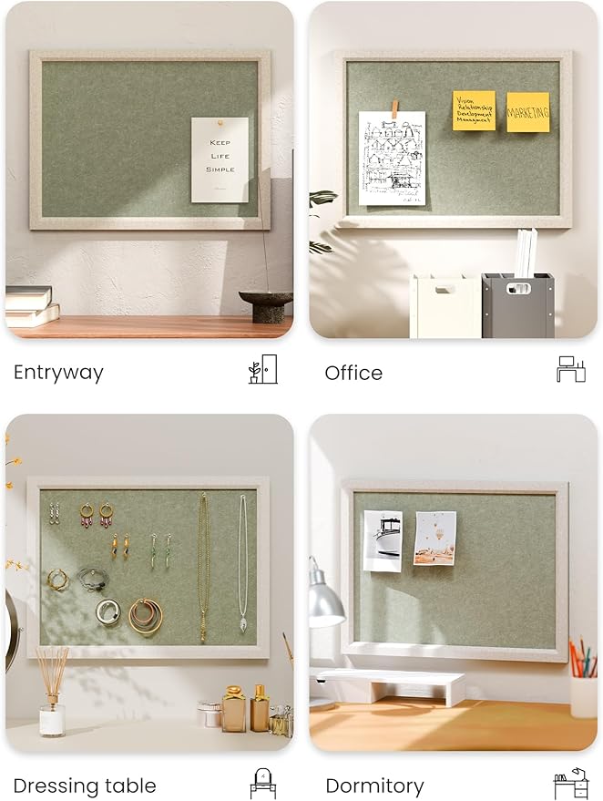 Felt Cork Board Alternative, Felt Bulletin Board 16" x 12" Oatmeal Frame with 8 Adhesive Tabs, Pin Board for Home Office, Classroom, Entryway, Kitchen Wall Decor—Sage