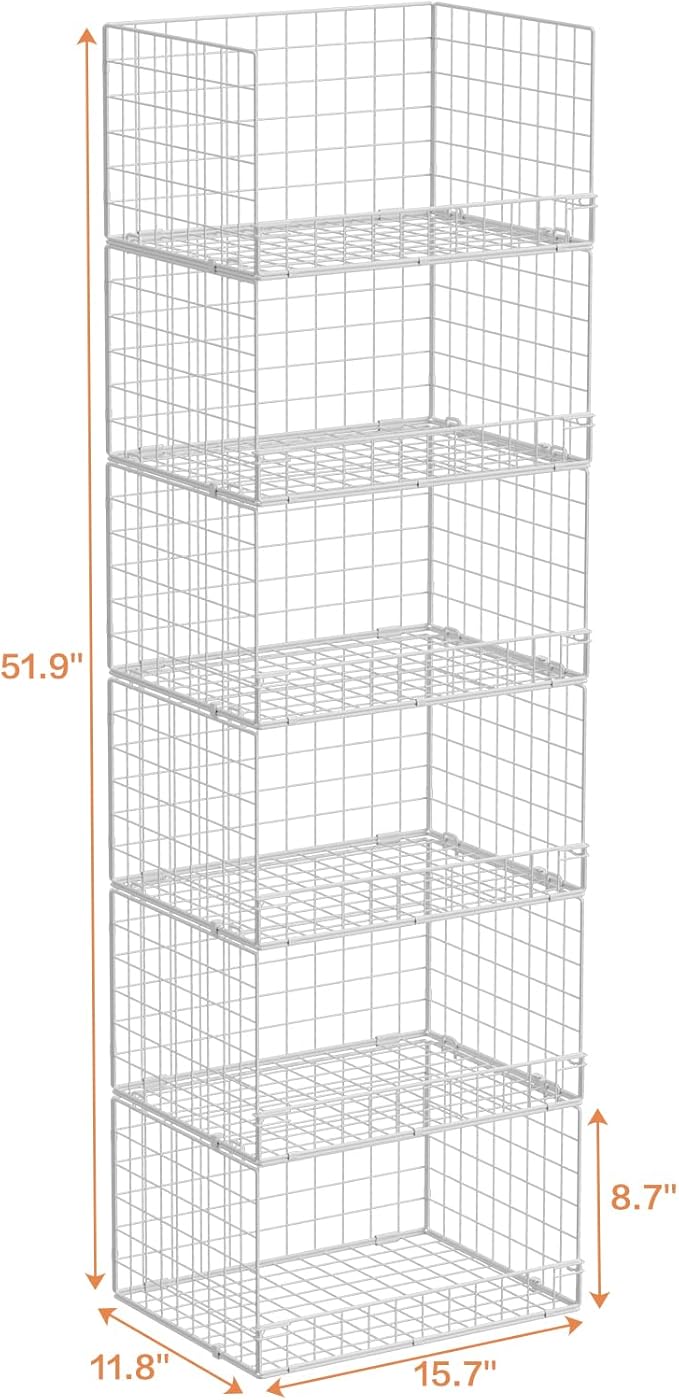 6-Tier Stackable Closet Organizers and Storage Shelves, Closet Shelf Organizer Basket Bins, Foldable Sweater Storage for Clothes Organizer System, White（Patent Pending）