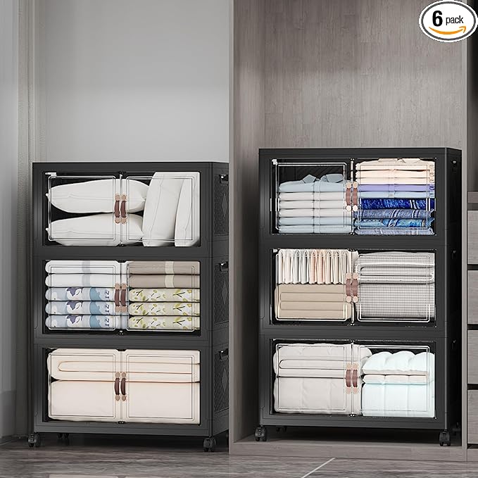 Extra Large Stackable Storage Bins with Lids & Wheels & Door, 960QT-160QT/40GAL*6Pack Foldable Collapsible Closet Organizers, Plastic containers Drawers for Bedroom Dorm