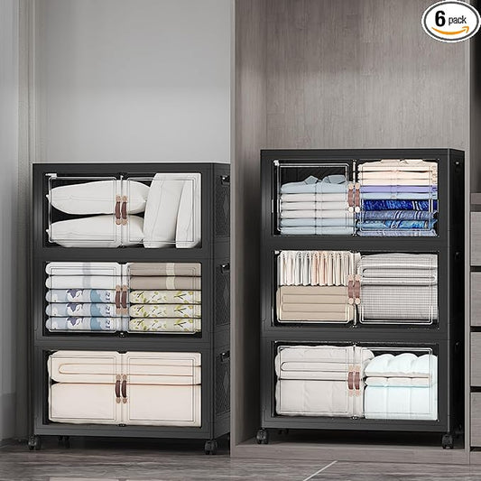 Extra Large Stackable Storage Bins with Lids & Wheels & Door, 960QT-160QT/40GAL*6Pack Foldable Collapsible Closet Organizers, Plastic containers Drawers for Bedroom Dorm