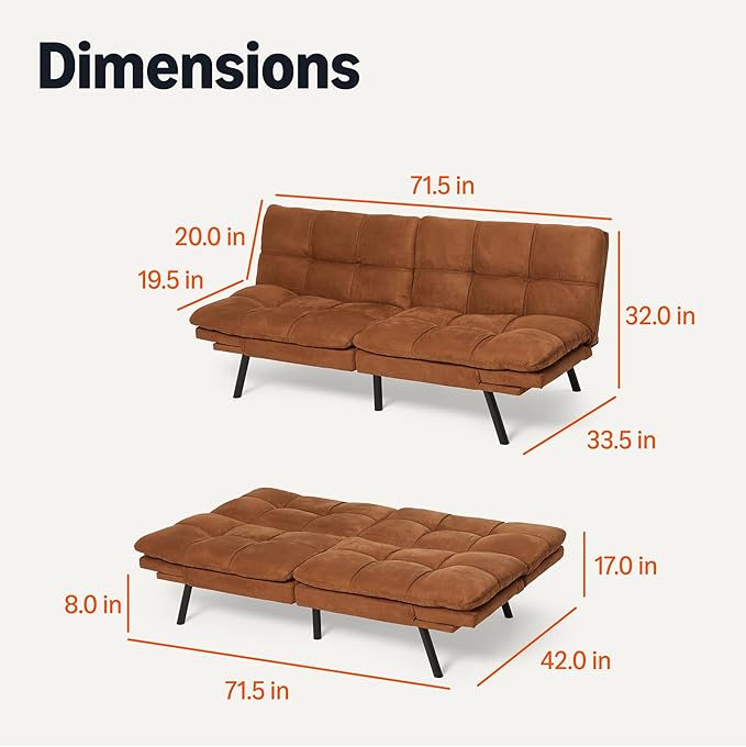 Amazon Basics Brown Loveseat,Convertible Couch Memory Foam Futon Sofa Bed Modern Sleeper Sofa for Small Compact Living Room,Office,Apartment, Linen Fabric
