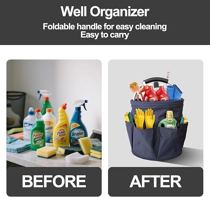 Bucket 17L Cleaning Organizer with Handle with 6 Pockets Foldable Storage Blue Portable Cleaning Bucket Bag Shower Box Home Garden Multifunctional Camping Storage Basket (Blue)