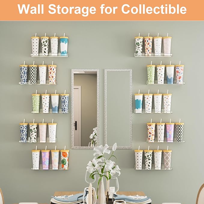 upsimples 16 Pack Acrylic Shelves for Wall Storage, 15" Floating Bookshelves for Kids, Display Shelf Organizer for Bathroom, Bedroom, Living Room, Kitchen, Room Decor, Clear