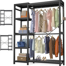 Homykic Bamboo Clothes Rack Garment Rack for Hanging Clothes, Heavy Duty Clothing Rack with 7 Tiers Adjustable Shelves, Double Rods, 4 Hooks, Freestanding Closet System Organizer Wardrobe, Black