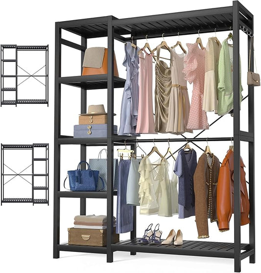 Homykic Bamboo Clothes Rack Garment Rack for Hanging Clothes, Heavy Duty Clothing Rack with 7 Tiers Adjustable Shelves, Double Rods, 4 Hooks, Freestanding Closet System Organizer Wardrobe, Black