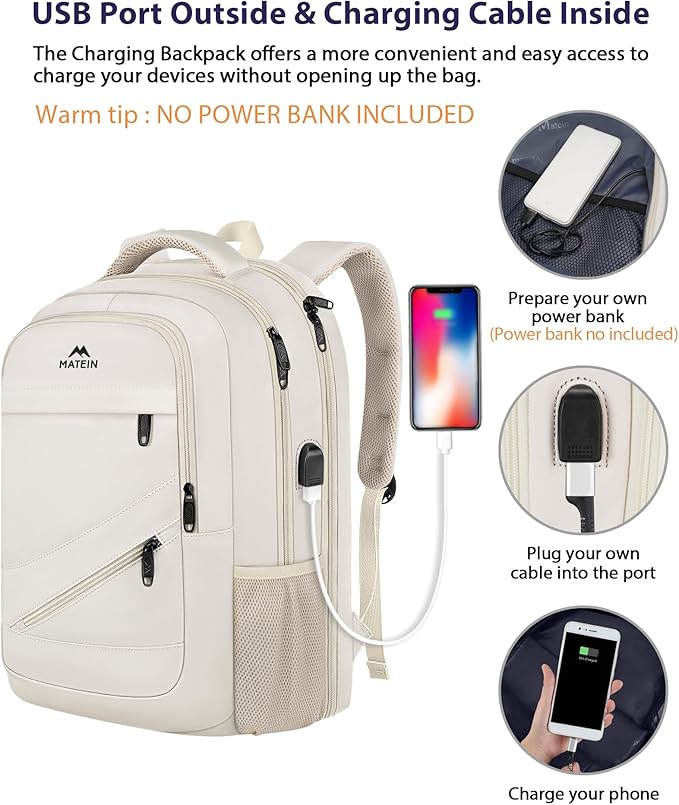 MATEIN Extra Large Backpack for Women, 18 Inch TSA College Backpack with Multiple Compartments & USB Charging Port, 50 L Fashion Work Computer Carryon for Business, Cream Beige