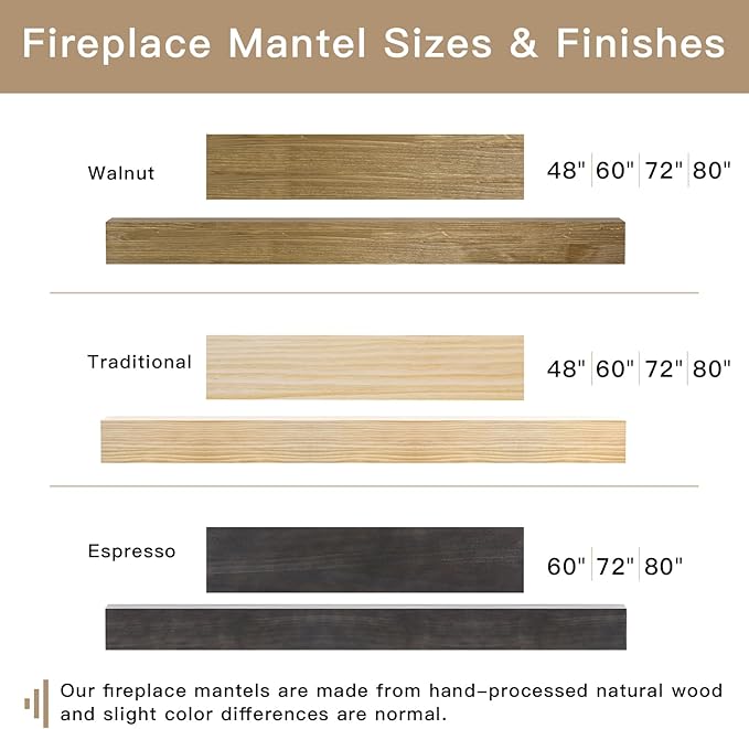 Fireplace Mantel Shelf, 80" Handcrafted Solid Wood Floating Shelf for Over Fireplace - Rustic Farmhouse Wall-Mounted Mantel with Heavy-Duty Hidden Bracket, 80"x8"x6" Natural Finish