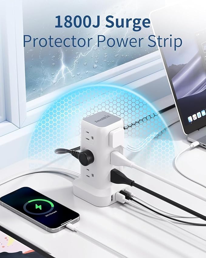 Power Strip Tower, 16.5 Ft Flat Plug Extension Cord, 16 in 1 Power Bars with Surge Protector, Power Tower Bar with 12 AC Multiple Outlets 4 USB (1 USB C)