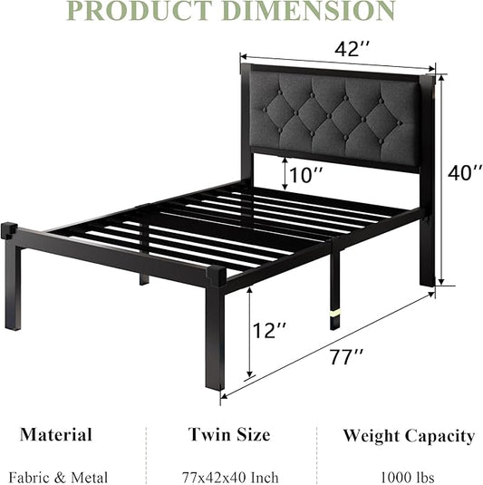 Feonase Twin Size Metal Bed Frame with Linen Upholstered Headboard, Heavy-Duty Platform Bed Frame with 12" Storage, Steel Slats Support, No Box Spring Needed, Gray