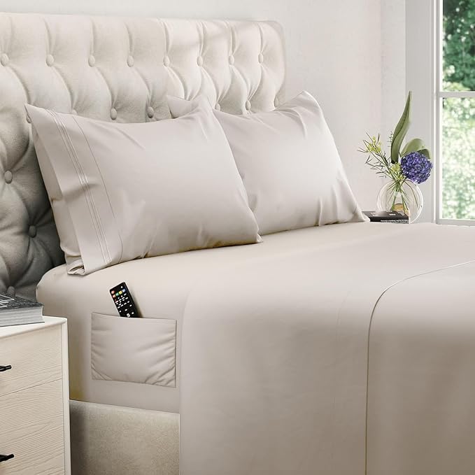 DREAMCARE King Size Sheets Set – 4 pcs Cooling Sheets – up to 21” Deep Pocket King Sheet Set – Hotel Luxury Sheets & Pillowcases – Superior Softness 100% Microfiber with Side Pocket - Beige DREAMCARE