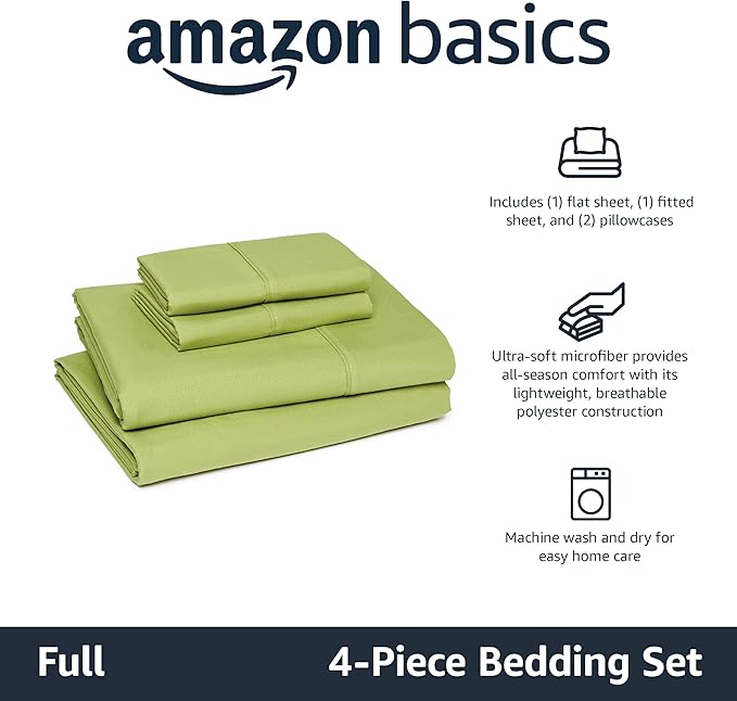 Amazon Basics Lightweight Microfiber 4-Piece Bed Sheet Set, Oliver Light, Solid, Full AmazonBasics