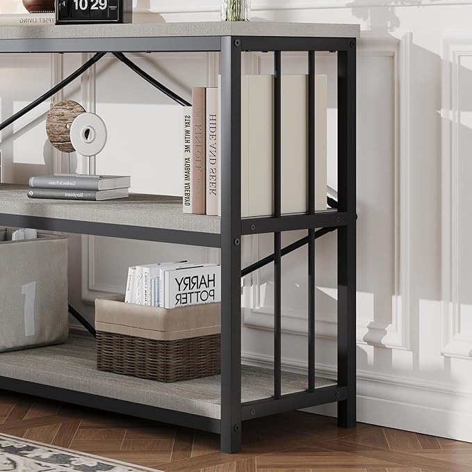 HSH Gray Bookshelf, Industrial Wood Metal Long Bookcase with Storage, Open 3 Tier Bookshelves for Bedroom Living Room, Farmhouse Wooden Etagere Book Shelf for Home Office, Light Grey Oak, 55 Inch