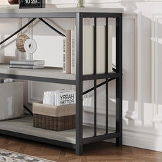 HSH Long Bookshelf, Large Wood Wide Grey Horizontal Book Shelf Under Window, Modern Open Etagere Bookcase for Bedroom Living Room, Industrial Wooden Metal Display Bookshelves for Home Office, 63 Inch