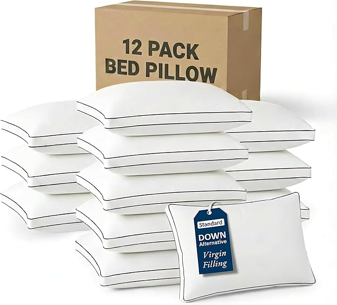 LANE LINEN Pillows Standard Size Set of 12 - Medium Soft Support Gusseted Hotel Quality Pillows for Sleeping, Oeko Tex Certified, Down Alternative Perfect for Back, Stomach or Side Sleepers - White