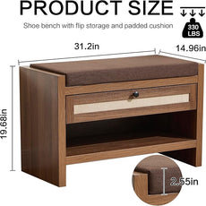 Rattan Shoe Bench Entryway Bench with Storage Drawer and Linen Seat Cushion, Farmhouse Boho Shoe Rack Bench, Wooden Storage Bench for Entryway Hallway and Bedroom - Oak