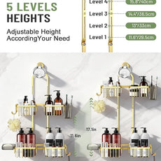 Adjustable Shower Caddy Hanging for Handheld Showerheads - Never Rust Shower Hanging Organizer, Upgraded Bathroom Shower Rack with Soap Basket, Hooks and Toothbrush Holder (Gold)